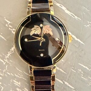 Black Hills Gold and Diamond Gold-Tone Black Dial Ladies Watch